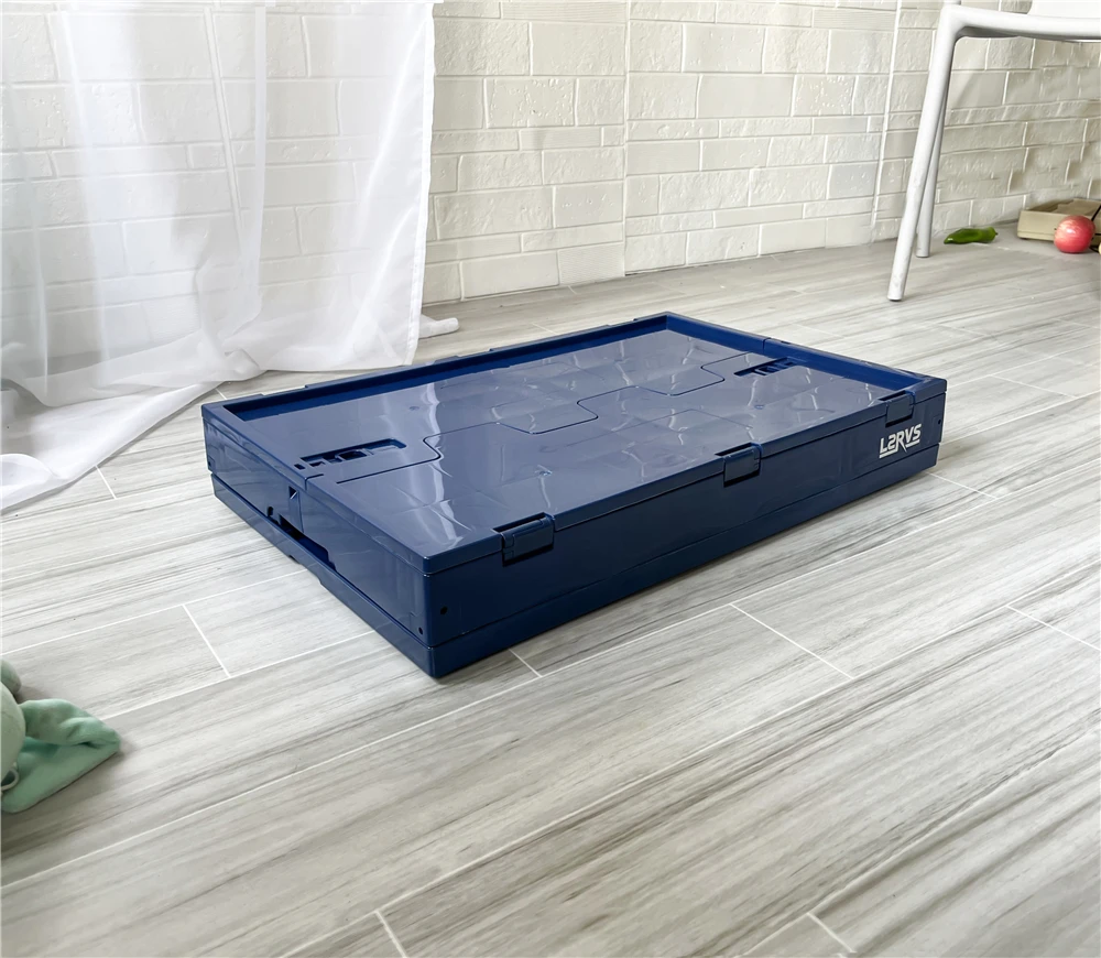 Promocja: Składany pojemnik 65L w kolorze granatowym, plastikowy, składany kosz do przechowywania z otwieraną przednią klapą, idealny na kemping i do domu.