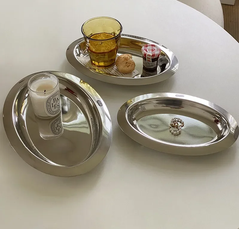 

1pc Stainless Steel Oval Dessert Plate Korean Fried Chicken Dish Sushi Bread Plate For Cafe And Restaurant Ins Style Dish Tray