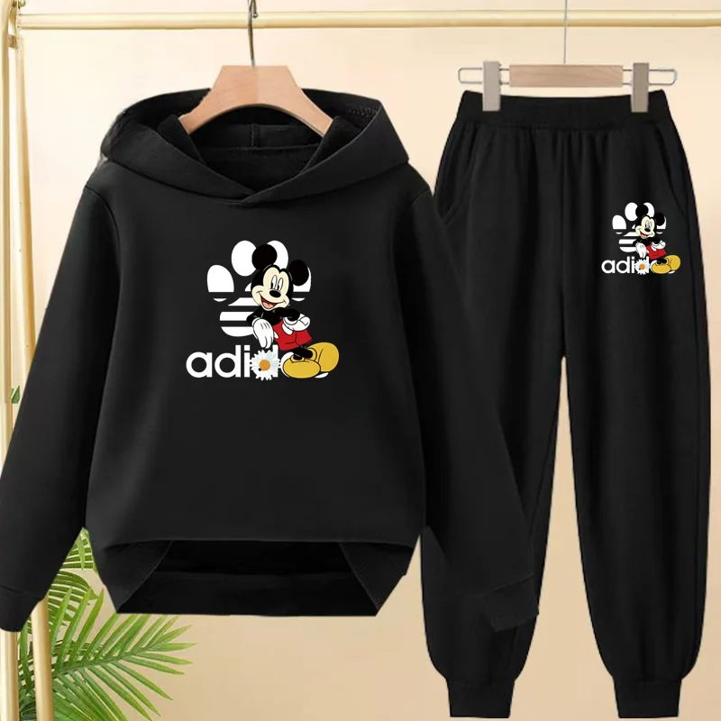 

Children's Black Hoodie Anime Mickey Print Pullover 3-12Yrs Coat Sweatshirt+Pants Boys Girls Toddler Sports Clothing Leisure Set
