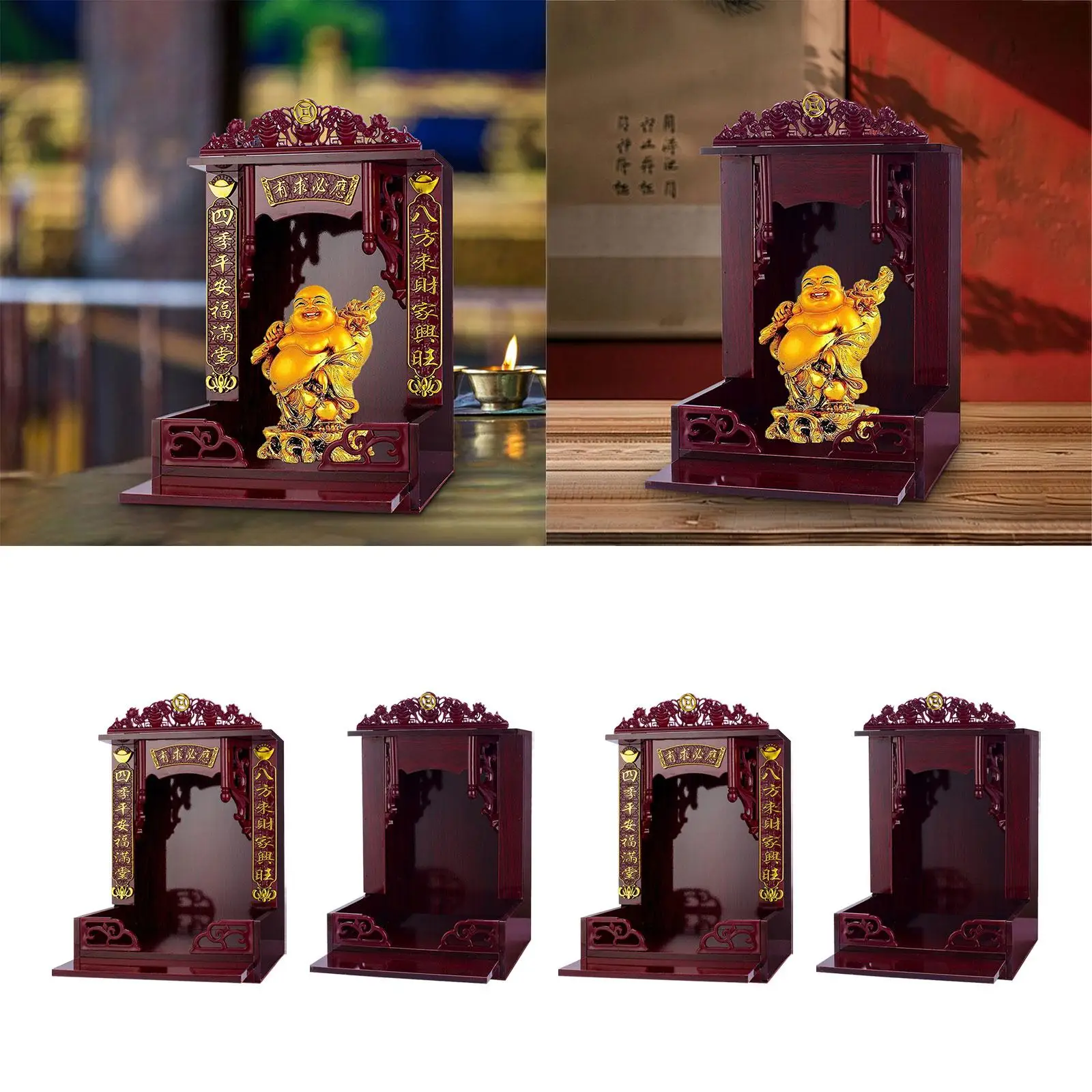 Wall Mounted Shrine Traditional Statue Home Offering Table Shelf with Hidden Pull Board Feng Shui Buddhist Niche Display Stand