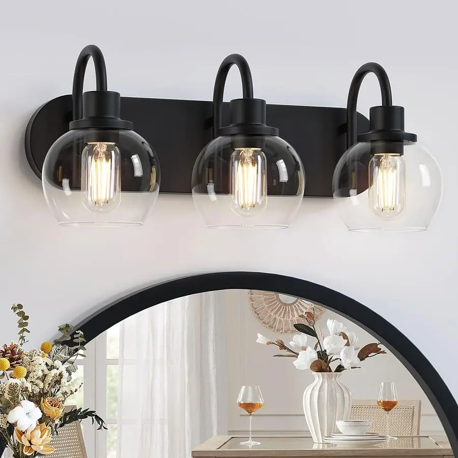 

Vanity Light,Modern 3Light Bathroom Lighting Fixtures Over Mirror with Clear Glass Shade and Metal Base,Matte Black Bathroom Lig