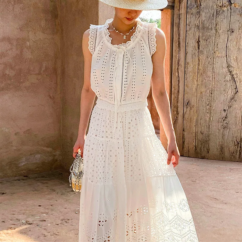 Women's Clothing Hollowed-out White Half for Women Summer Long Large Swing Vacation-style Women's Clothing Half Skirt Long Skirt