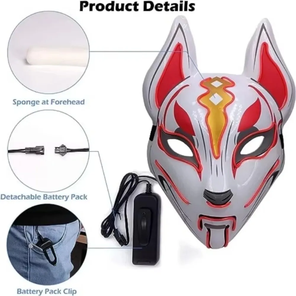 High Quality PVC Japanese Fox Mask Reusable Durable LED Neon Light Mask Full Face Luminous LED Mask