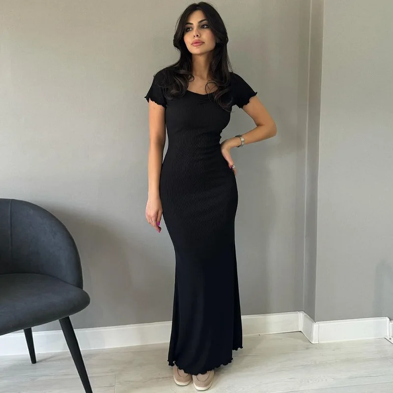 

SKMY 2025 Women Clothing Summer New Fashion Solid Color Long Dresses O-Neck Ruched Short Sleeve Sexy Party Bag Hip Dress