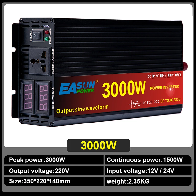 12V/24V 220V 2000/3000/4000W Zuivere Sinus Omvormer Voltage Transformator Dc 12V Naar Ac 220V Converter + 2 Led Display