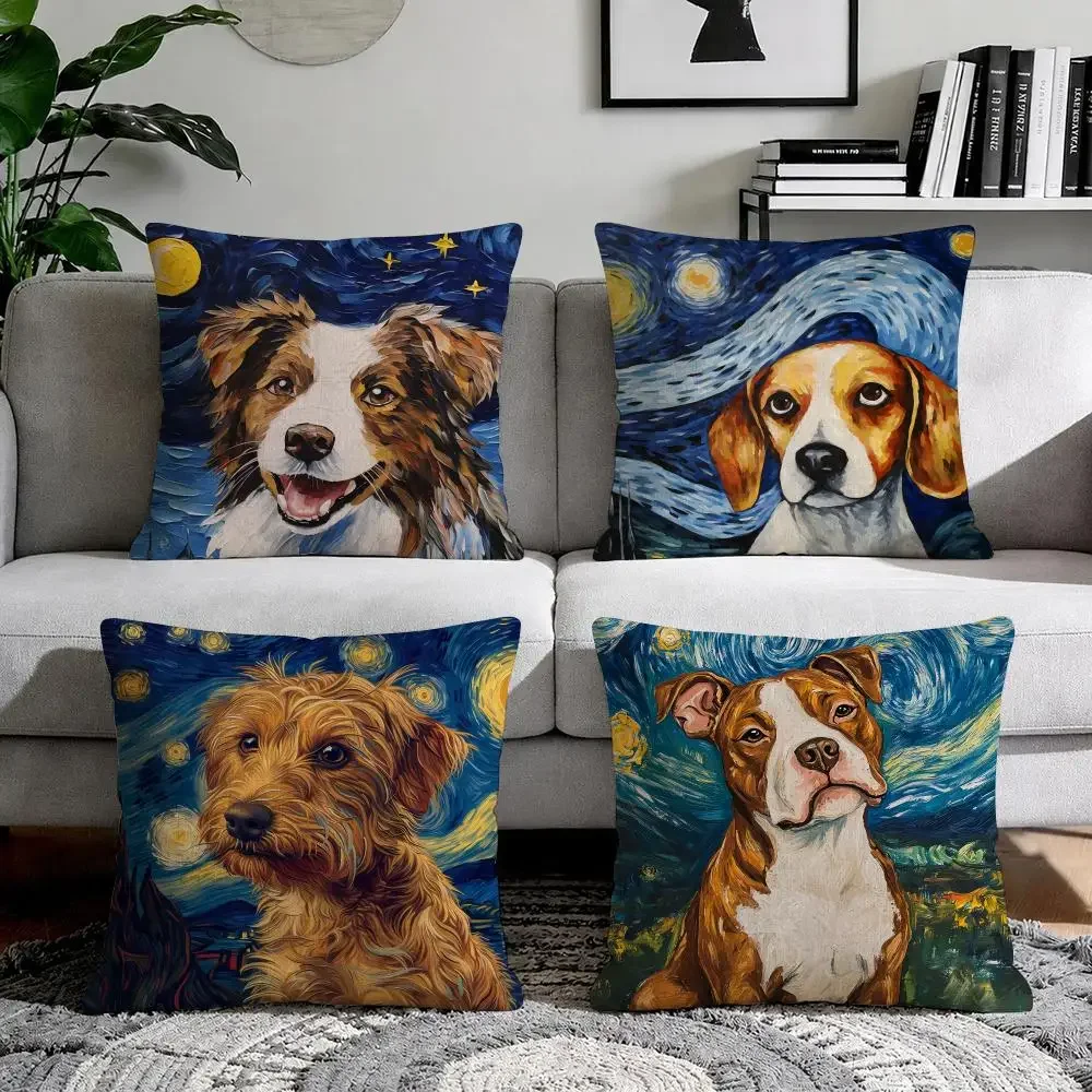 Catoon Starry Sky Dog Cushion Cover Natural Breathable Durable Linen Printed Decor Pillow Case Sofa Bedroom