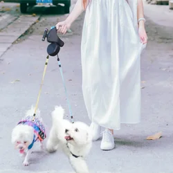 Adjustable Dual Dog Rope Leash with Light Rotation, Pet Traction Rope Belt, Double Retractable for 2 Dogs Walking