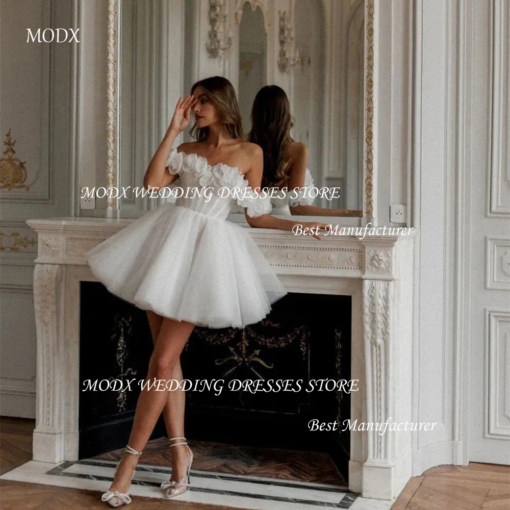 

MODX Wedding Dresses Off the Shoulder 3D Handmade Flowers Robe De Soiree Mariage 2025 Mini-Length Above Knee A-line Bridal Gown