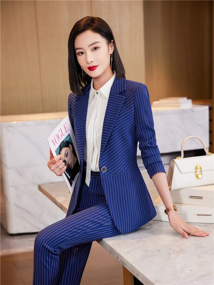 Formal Pant Suit for Women Long Sleeve Blazer and Trousers Blue Striped Suit Office Business Work Wear Lady Fashion 2 Piece Set