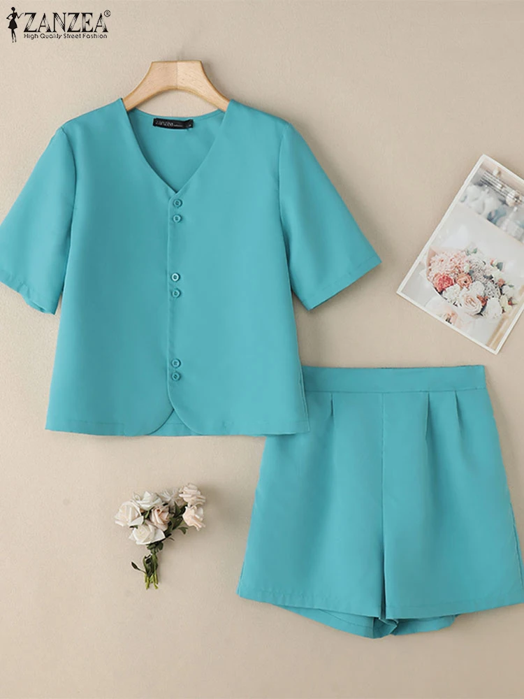 ZANZAE Frauen Casual Kurze Sets 2025 Sommer Mode V-ausschnitt Kurzarm Shirts Elastische Taille Shorts 2PCS Outfits Solide anzüge