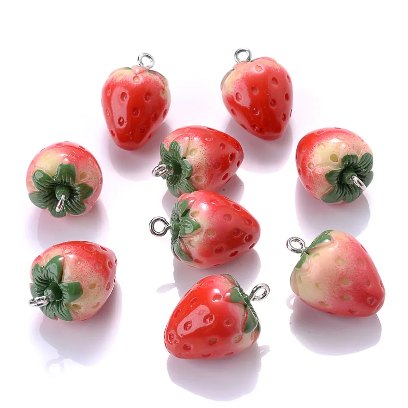 10 stücke 3D Harz Imitation Rote Erdbeere Charms Obst Anhänger Für Schmuck Machen DIY Handgemachte Halskette Armbänder Schlüssel Kette – Detail 6