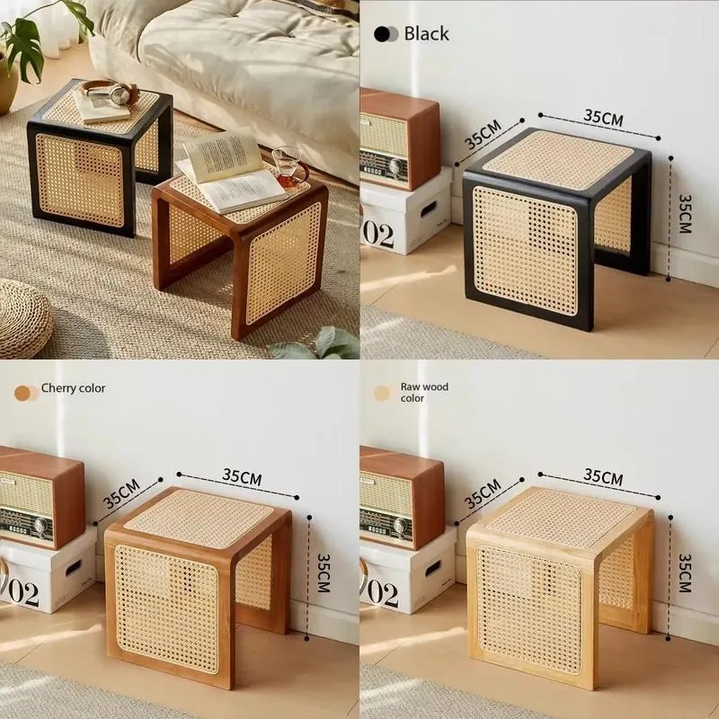 Medieval Style Solid Wood Rattan Small Side Table Retro Low Coffee Table Bedside Rack for Bay Window