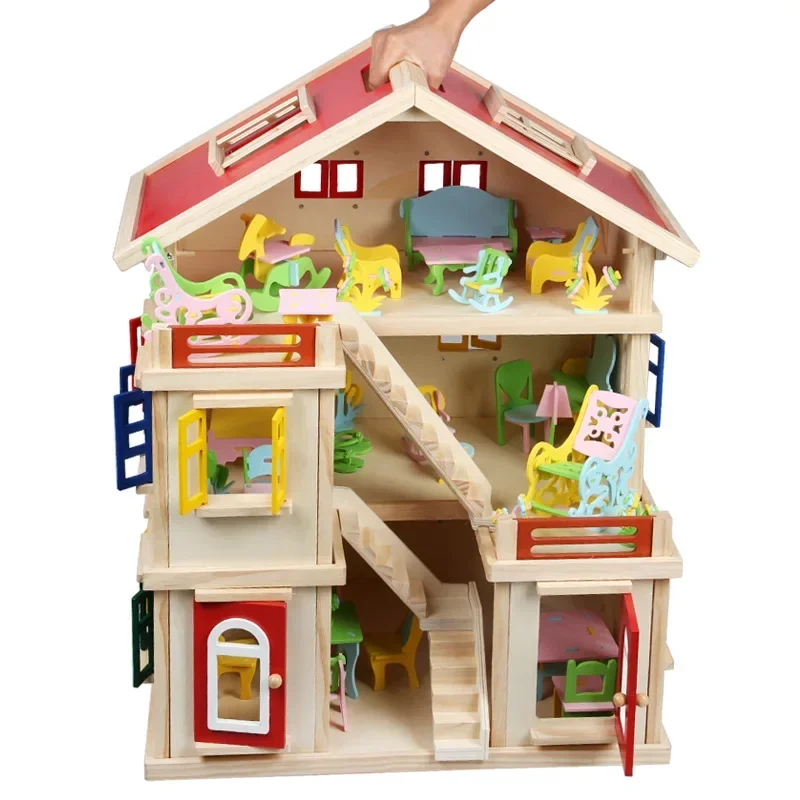 

Colorful Doll House Pretend Play Natural Eco House Educational Wood Toys Kids