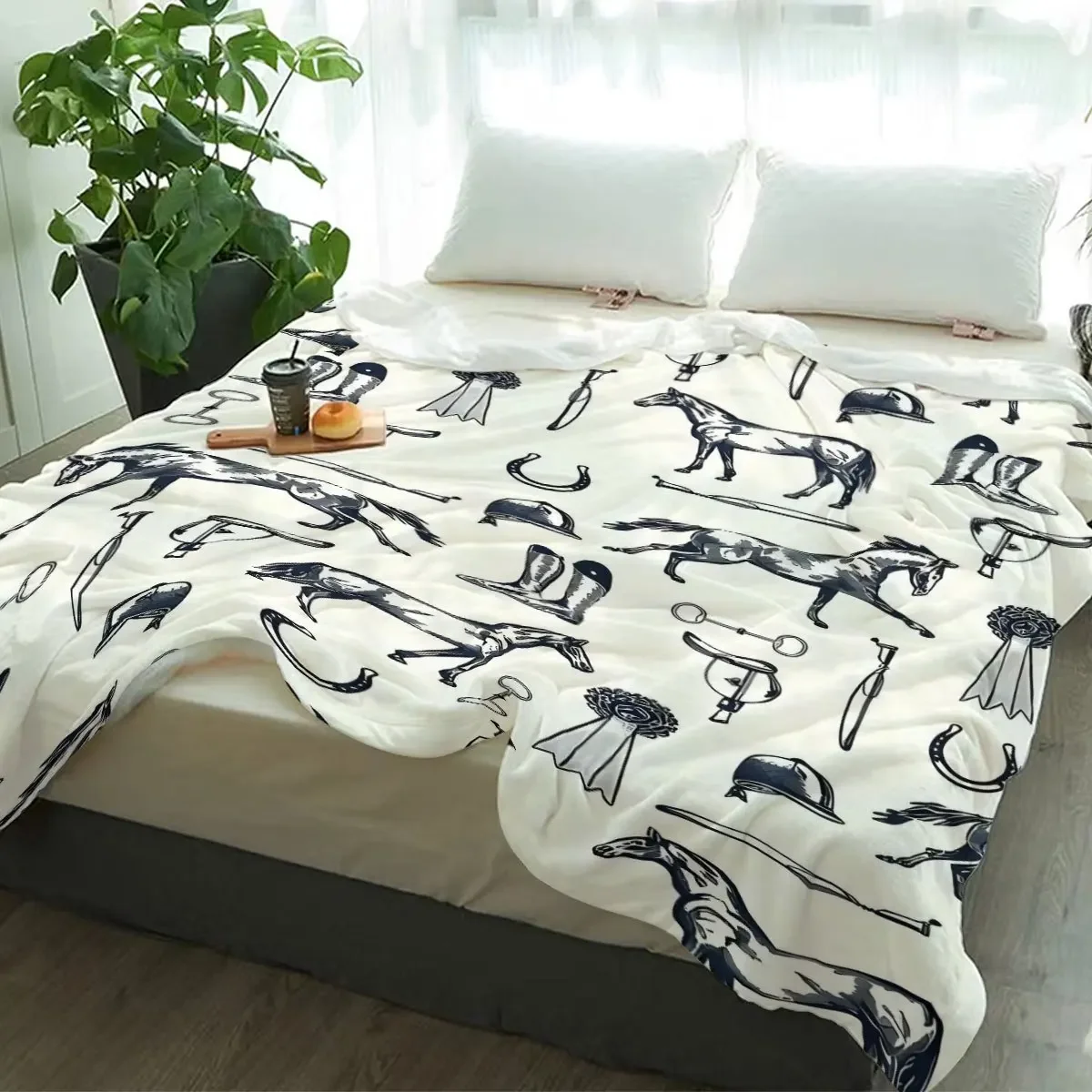 Vintage Equestrian Horse Pattern Blanket Throw 150x200cm Rustic Farmhouse Bed Cover Decoration