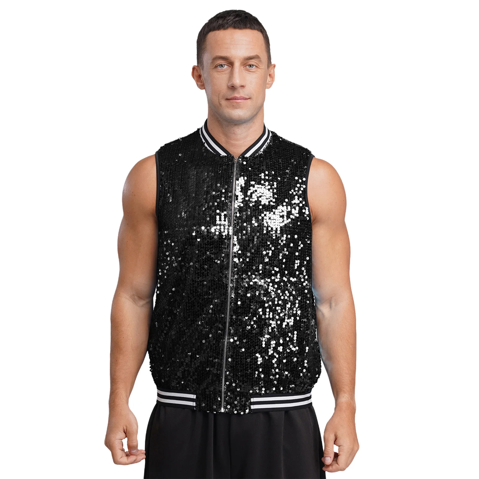 

Men Fashion Sleeveless Sequin Vest Waistcoat Glittery Solid Color Jacket for Holiday Festival Party Raves Disco Jazz Dance Vests