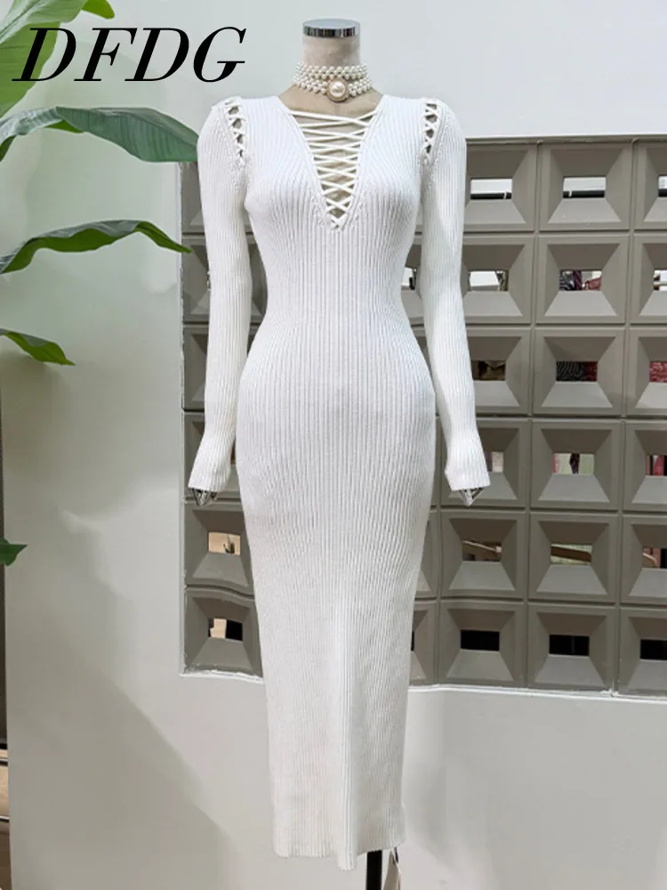 

DFDG 2023, весенне-осеннее женское эластичное трикотажное платье в рубчик, дизайнерское ажурное вечернее платье с завязками спереди и v-образным вырезом, минималистичное облегающее вечернее платье
