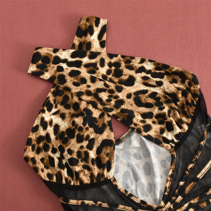 Leopardo impresso bandagem cortar bodycon macacão feminino malha retalhos sem costas macacão sexy night club outfit uma peça macacão