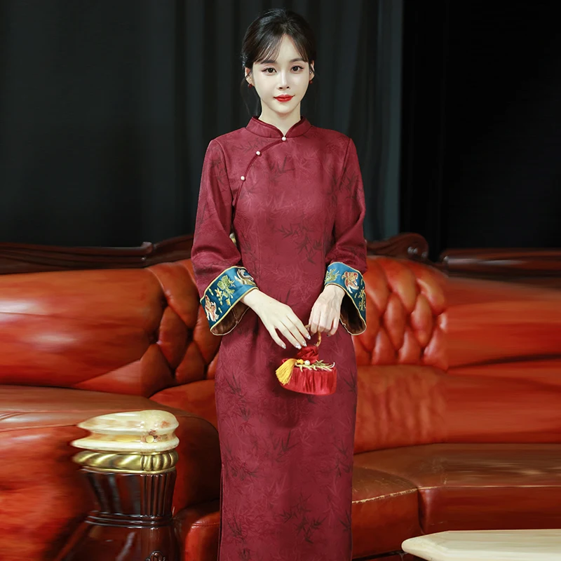 Wine Red Qipao Cheongsam Maxi Dress Bamboo Print Contrast Embroidery Cuff Party Gown