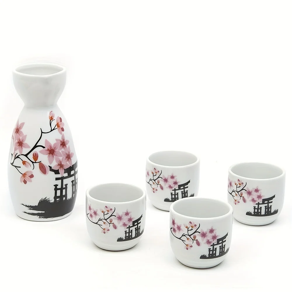 Ceramic Hand Painted White&Pink Flower Blossom Japanese Sake Set Birthday Gifts Collectibles