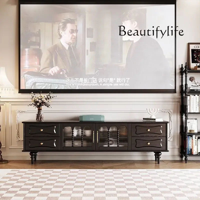 X36 French Medieval Solid Wood TV Cabinet Black Small Apartment Living Room Home Audio-visual Cabinet