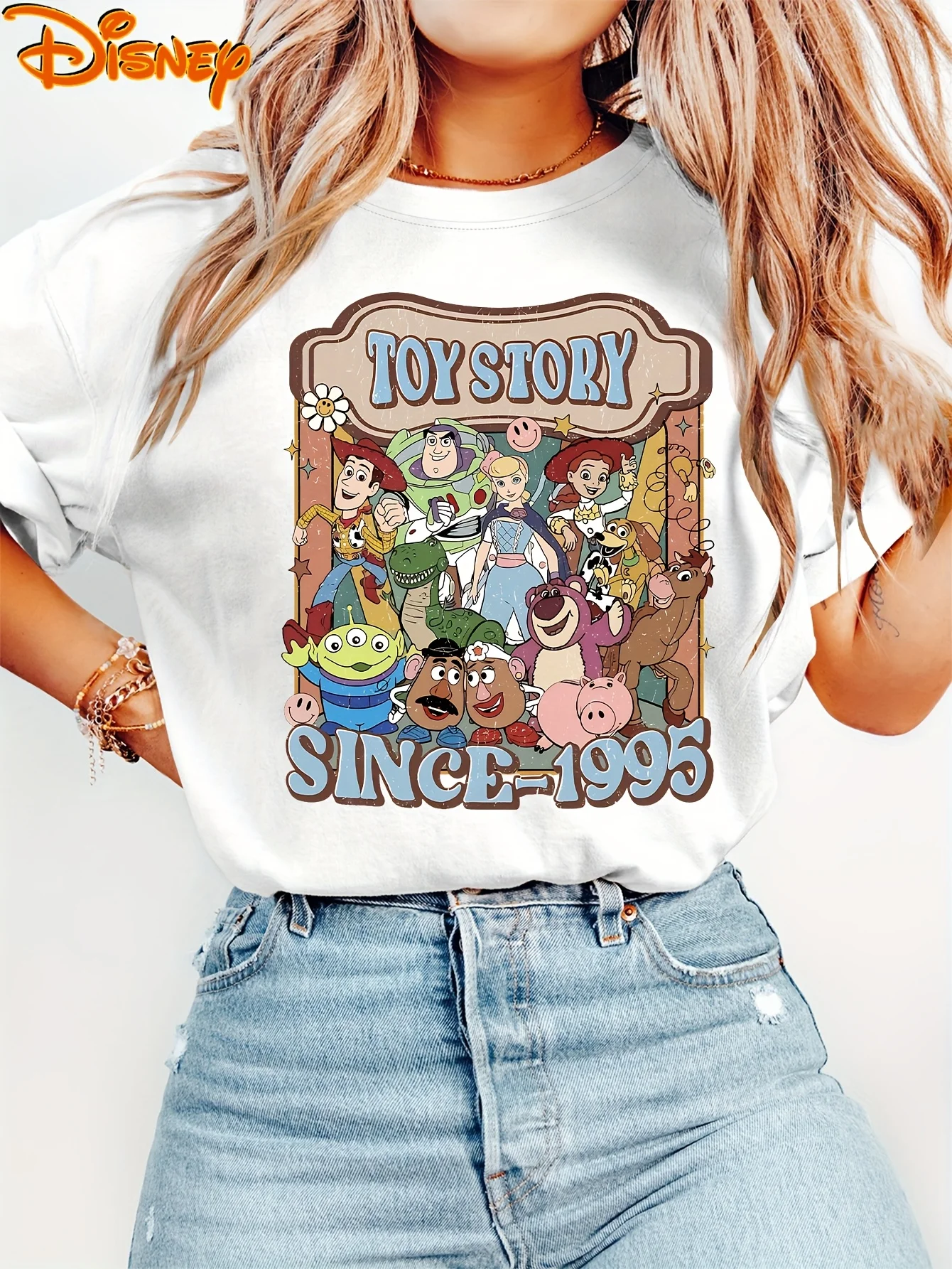

2025 Disney Pattern Printed Women's Casual Comfortable Unique Smiling Face Black Round Neck Short Sleeve T-shirt