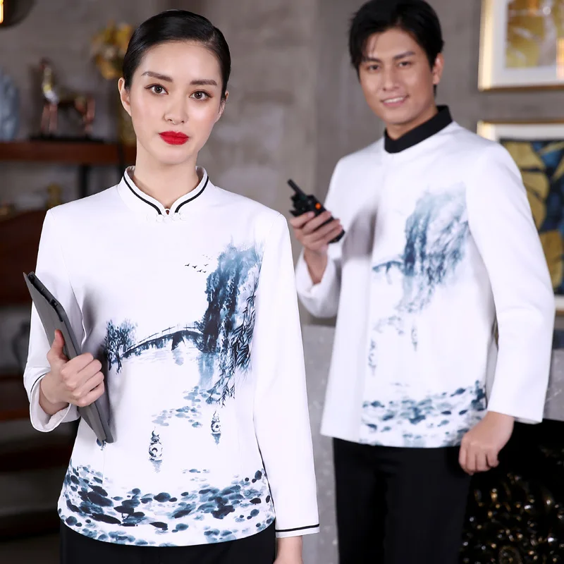 

Double-Layer Thickened Hotel Waiter Long Sleeve Autumn and Winter Clothes Catering Hot Pot Restaurant Chinese Ink Painting Chine