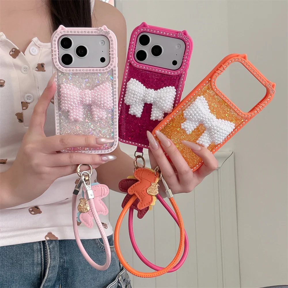 Luxury Diamond Hellokitty Camera Phone Case for iPhone 13 14 15 plus 16 Pro 17 16 15 17 Pro Max Cover With Chain Shockproof Case