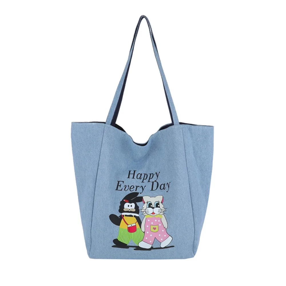 

Двусторонняя большая сумка с мультяшными животными, большая вместительная легкая джинсовая синяя сумка на плечо, женская парусиновая сумка из полиэстера