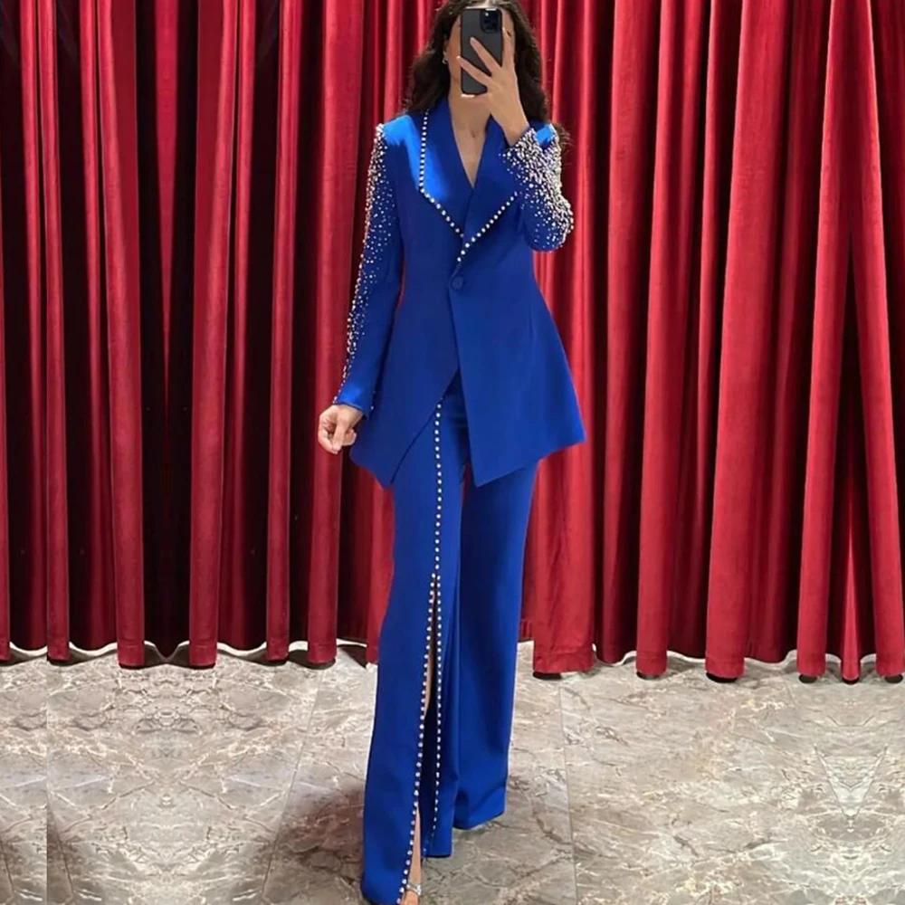 

Royal Blue 2 Pieces Pant Suits Women Wear For Evening Party Crystals Pearls Beads Ladies Blazer Luxury Mother Of Bride Dresses