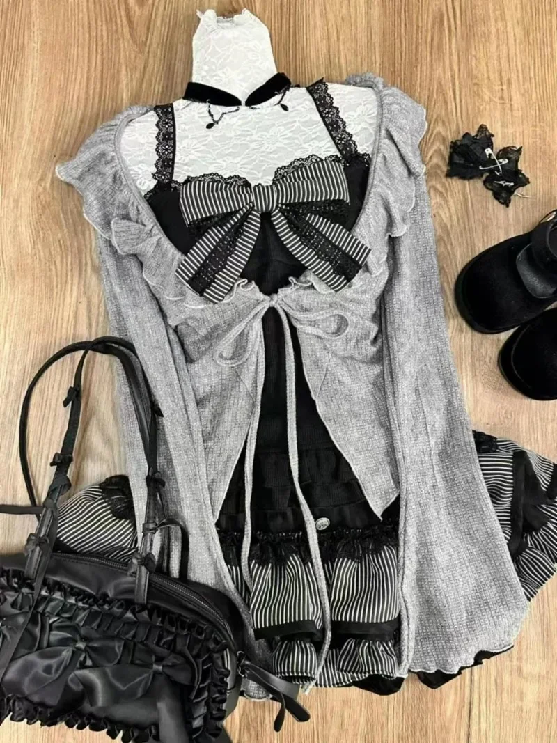 Sweet Lolita Lace Up Ruffles Cardigan Sexy Slim Fit Temperament Vest Tops Sweet Tiered Ruched Skirts  Autumn Three Piece Sets