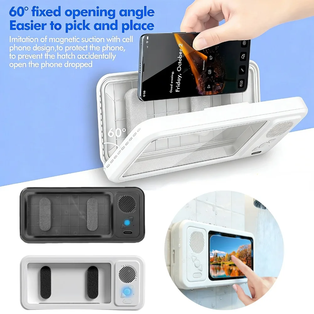 

Shower Phone Holder with Wireless BT Speaker IPX5 Waterproof Anti-Fog Touch Screen Wall Mount Phone Holder for Bathroom Shower