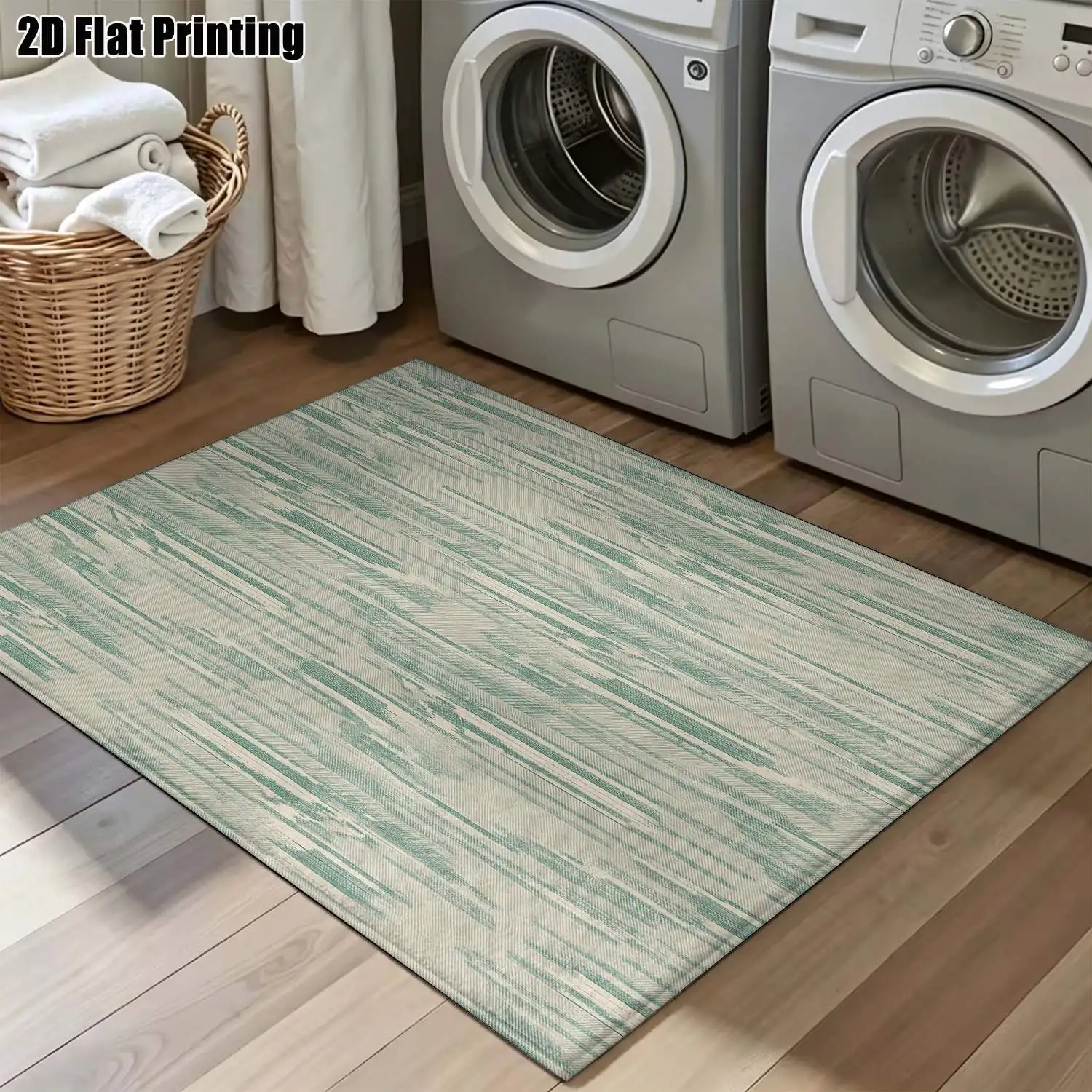 1Pc 2D Printed Carpet: Fresh Blue Green Striped Nordic Style, Modern Minimalist Geometric Floor Mat, Machine Washable, Multi-Size, Suitable for Home Decor, Ideal for Entrance, Dining, Foyer, Bedroom, Living Room