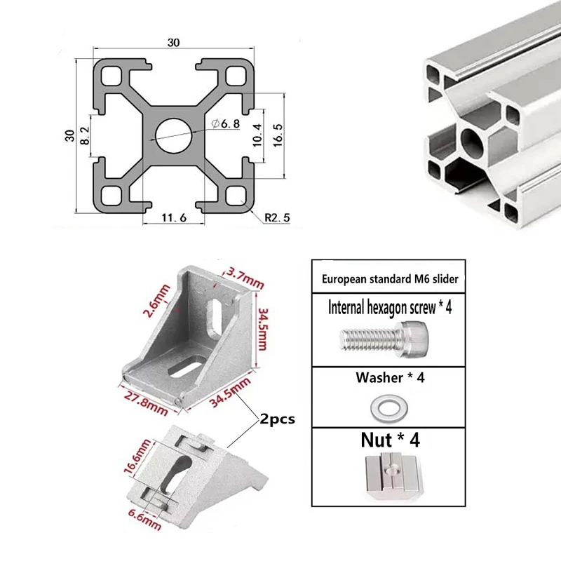 CNC Aluminum Profile 3030 Extrusion 100mm-550mm EU Standard 3D Printer Parts And Corner Bracket Kit Screws Washers Nuts Set