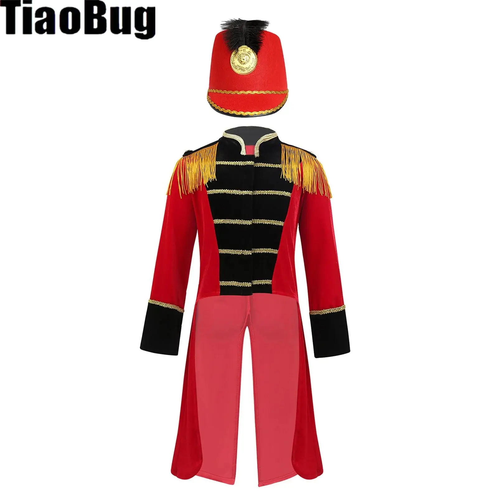 

Kids Circus Drummer Role Play Costume Set Long Sleeves Fringe Epaulet Tailcoat Jacket with Drummer Hat for Halloween Performance