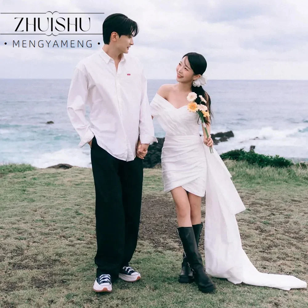 ZHUISHU Mini Ivory Taffeta Wedding Dresses Korea Photo Shoot One Shoulder A line Short Bridal Gowns Corset Customized 웨딩드레스