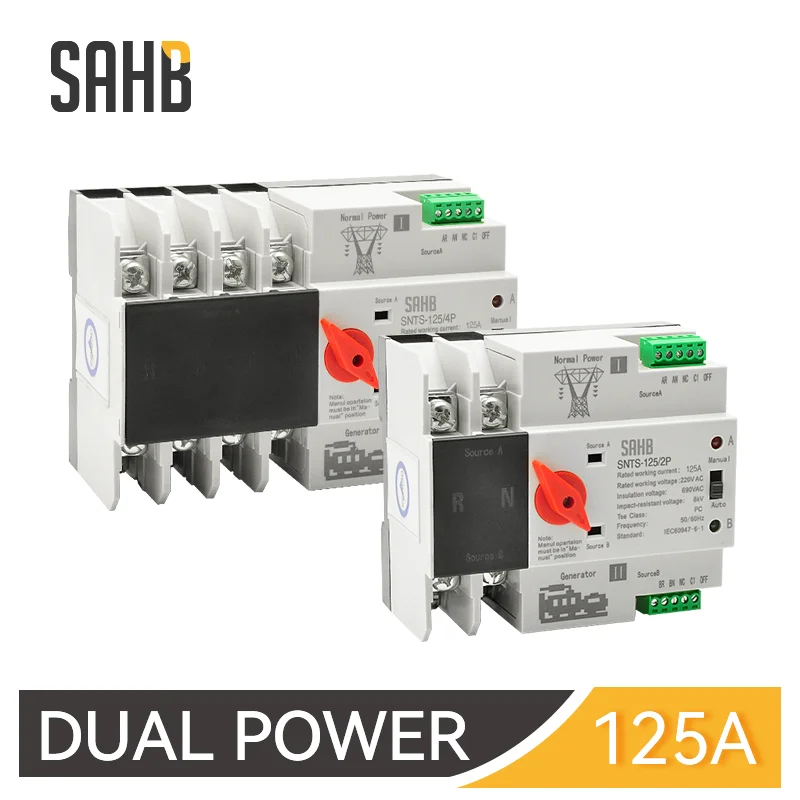 

SAHB Din Rail 2P 4P ATS Dual Power Automatic Transfer Switch Uninterrupted Power Supply Electrical Selector Switches 125A