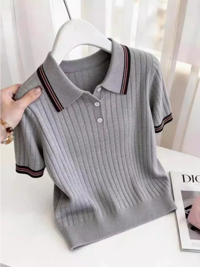 

Slimming Effectiveness College Style Color Block Neck Knitted Short Sleeve Women's Grey Striped Fitted Top