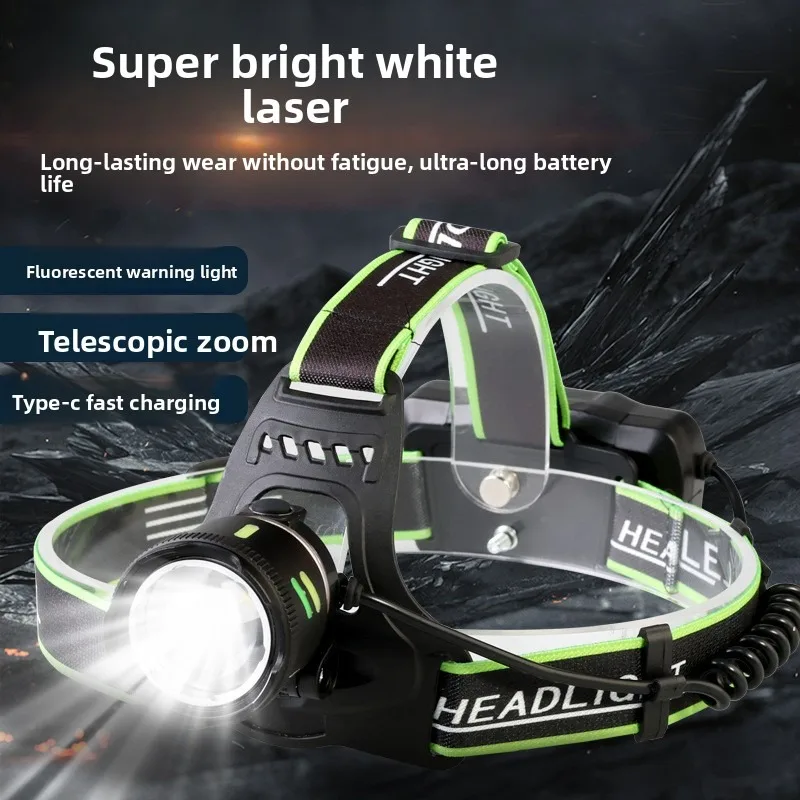 White Laser Headlamp - Super Bright LED with 2 Lithium Batteries, Zoomable & Fluorescent Warning for Fishing, Night Running