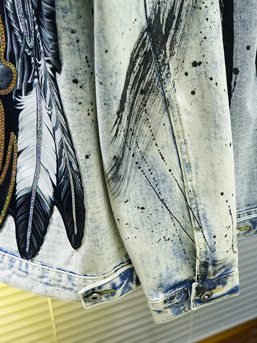 Sli Men's Denim Jaet مع رأس النمر والجمجمة التطريز طباعة ريترو Splaed طلاء حبر نقطة M ملابس خارجية