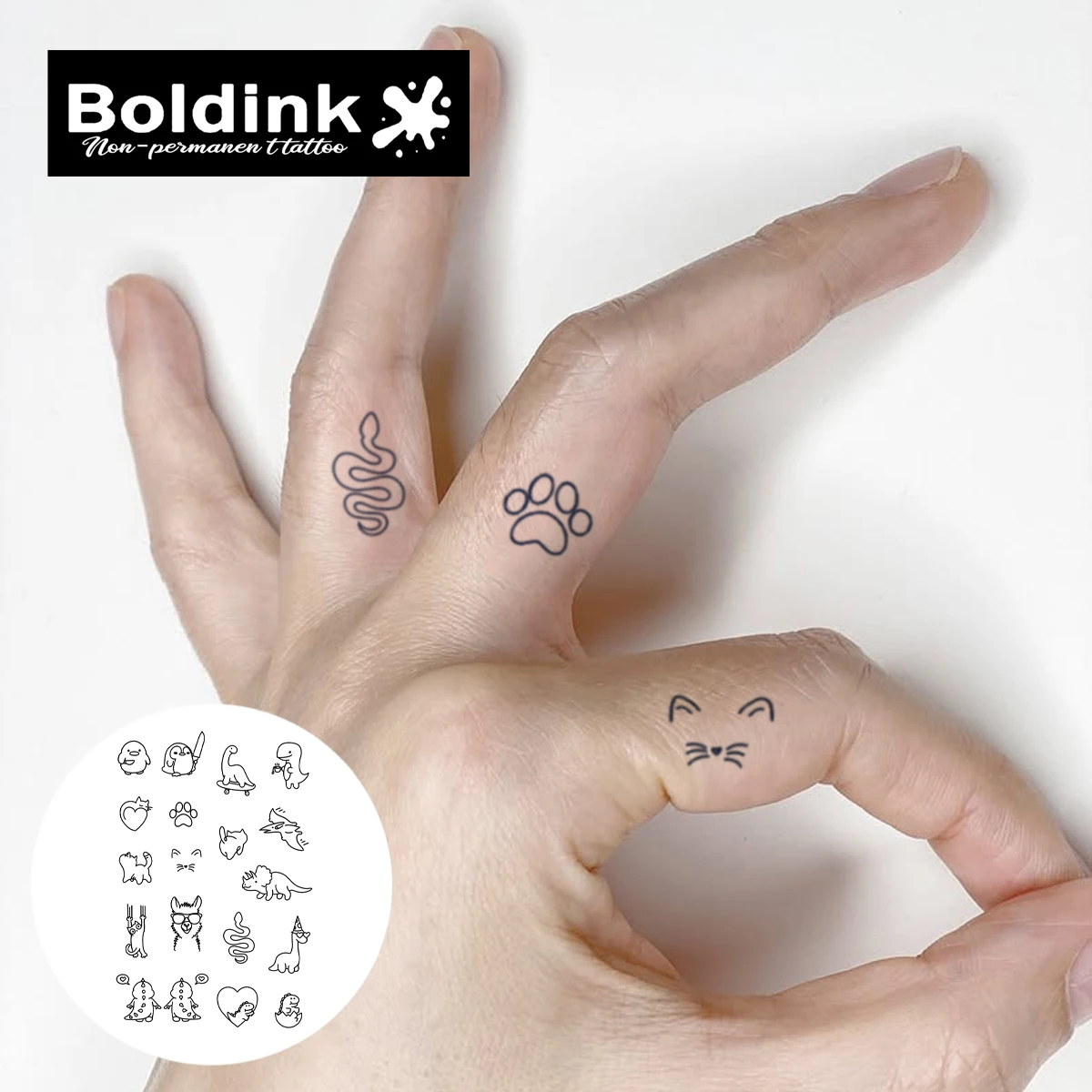 BOLDINK Cute Animal Tattoo Stickers Cartoon Dinosaur Cat Penguin Designs Waterproof Long-Lasting Color