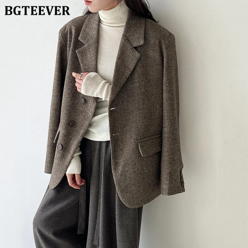 BGTEEVER 세련된 따뜻한 숙녀 싱글 브레스트 모직 블레이저 재킷 가을 겨울 우아한 느슨한 긴 소매 여성 정장 코트