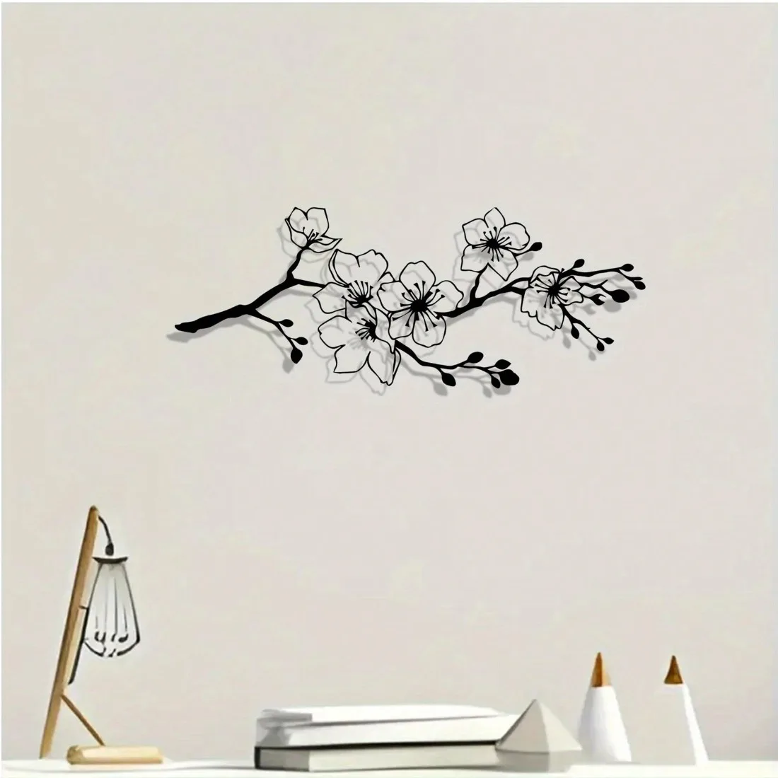 Modern metal wall decoration with black cherry blossom pattern, indoor and outdoor floral art, perfect for living rooms and gardens