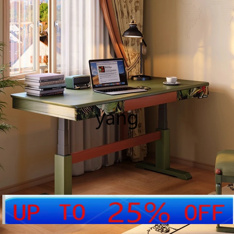 LTT electric lifting table retro home solid wood workbench computer study table