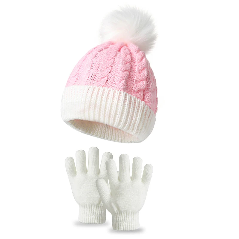 Marry Christmas Hat Gloves Set for Baby Cute Fur Ball Children Knitting Hats Boys Girls Winter Warm Accessories 1-4 Years Old