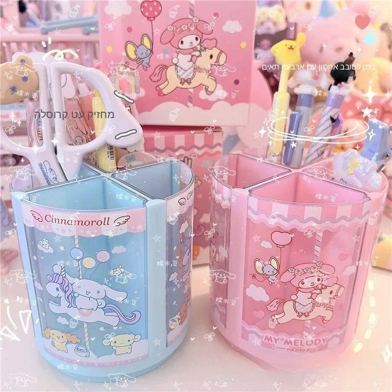 クリエイティブ回転可能なペンコンテナカルーセルかわいい漫画ペンホルダーオフィススクール用品文具オーガナイザーデスクアクセサリー