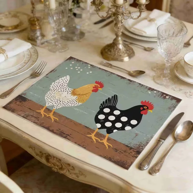 Farm Rooster Hen Chicks Print Placemats Linen Table Mats Rustic Country Style Kitchen Table Decor