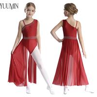 Kids Girls Lyrical Dance Dress Fashion Rhinestones Sleeveless Mesh Splice Skirted Leotard Dancewear Ballet Modern Dance Clothes