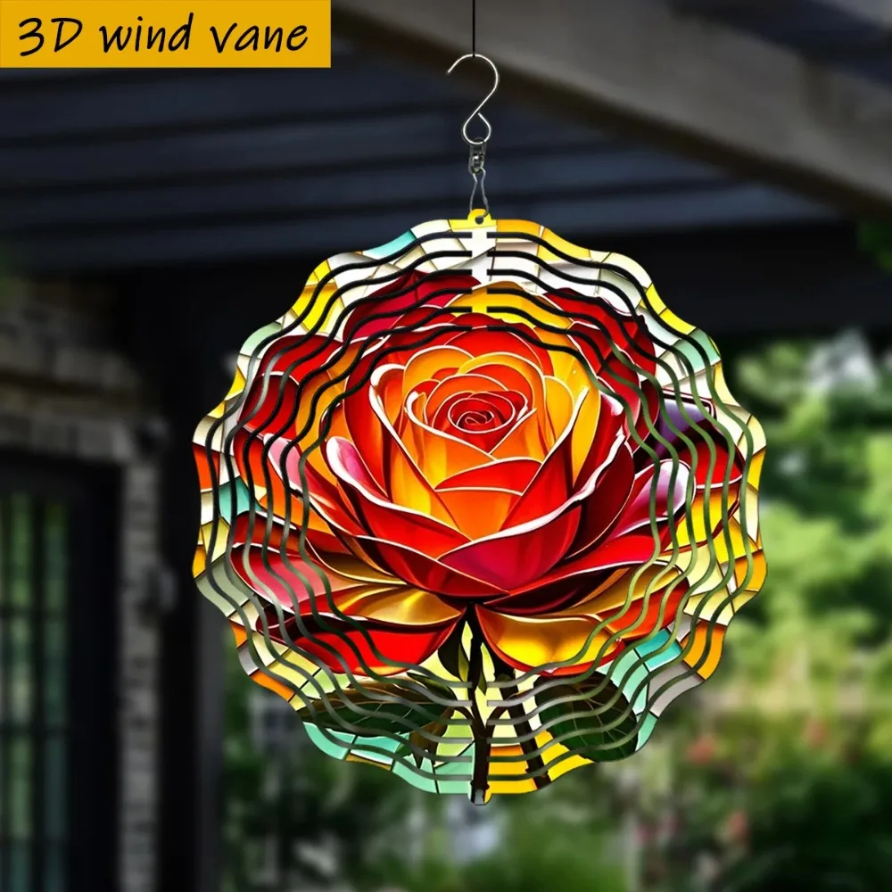 CIFBUY 3D Metal Rose Wind Spinner 360° Rotating Hanging Decor Outdoor Garden Art Ornament