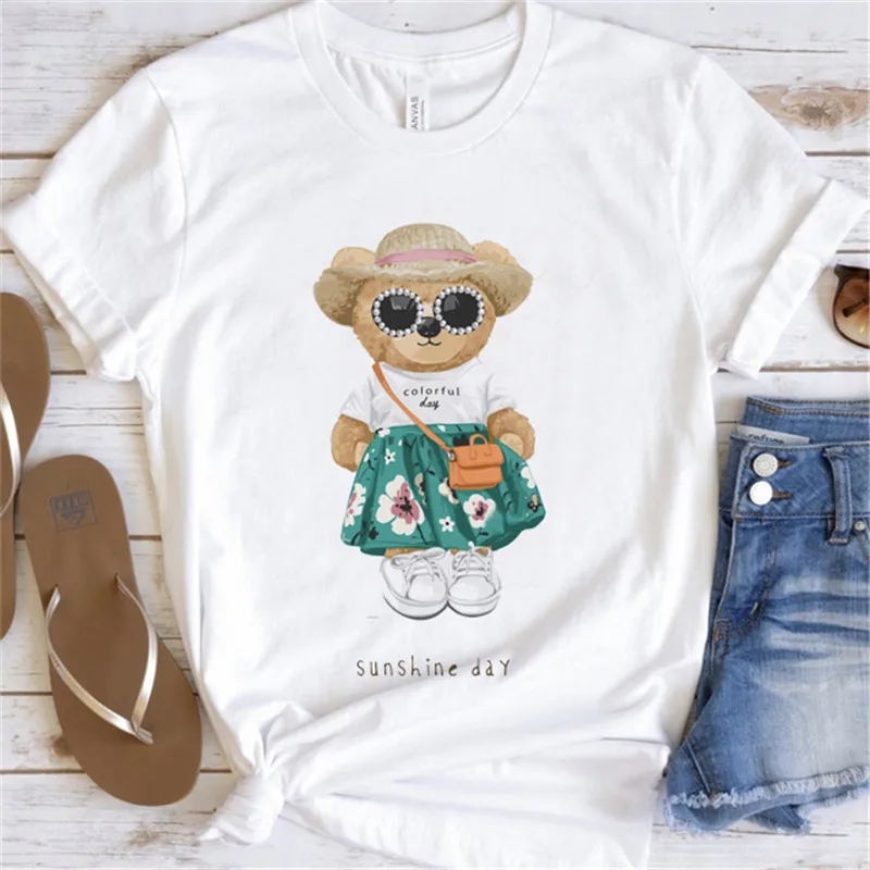 Fashion Graphic T-shirt Women Cute Bear Short-sleeved Clothes Women Print T-shirt Summer 90\'s Fashion Style Women T-shirt