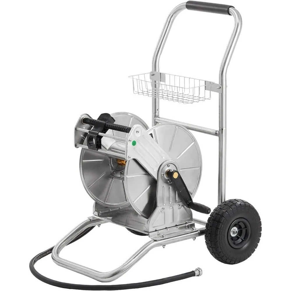 Garden Hose Reel Cart with Wheels, Stainless Steel Heavy Duty Water Hose Reel Cart, 200 ft of 1/2 Capacity, Mobile for Outside